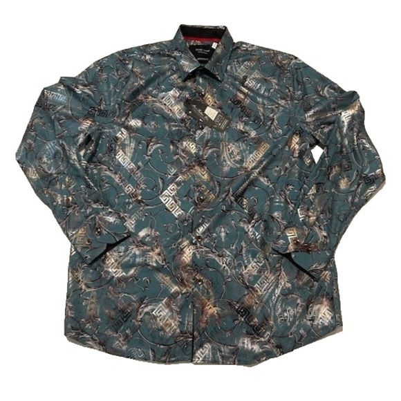 Silver Stone Men's Modern Fit Long-Sleeve Button-Up Teal/Silver Shirt NWT Size L - Picture 2 of 11